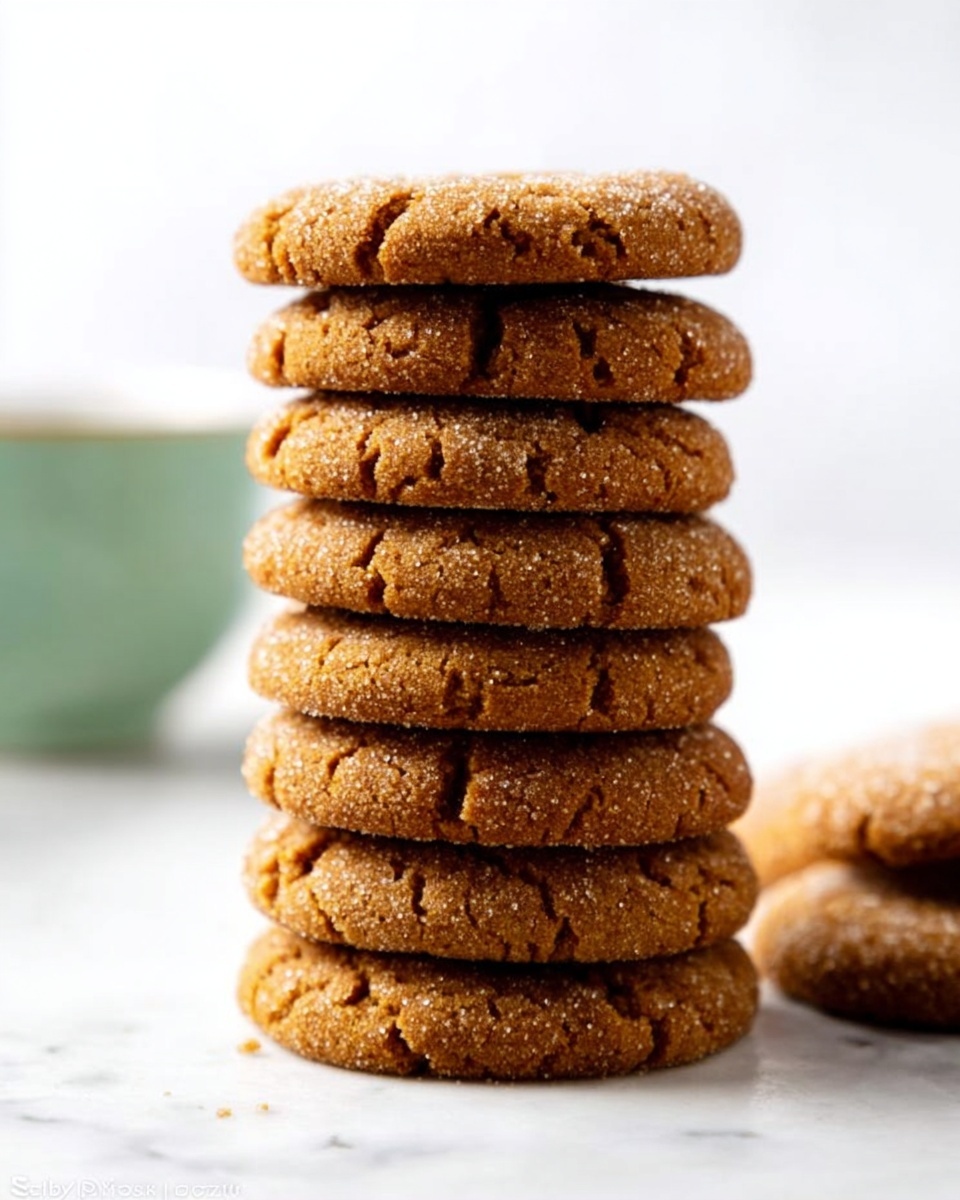 A stack of ten round cookies with a rough, slightly cracked surface, each cookie a warm golden brown color with a light sugar coating that sparkles slightly on top. The cookies are arranged vertically, one on top of another, on a white marbled surface. In the blurred background, there are parts of pastel-colored cups visible but not detailed, creating a soft contrast to the sharp focus on the cookie stack. Photo taken with an iphone --ar 4:5 --v 7