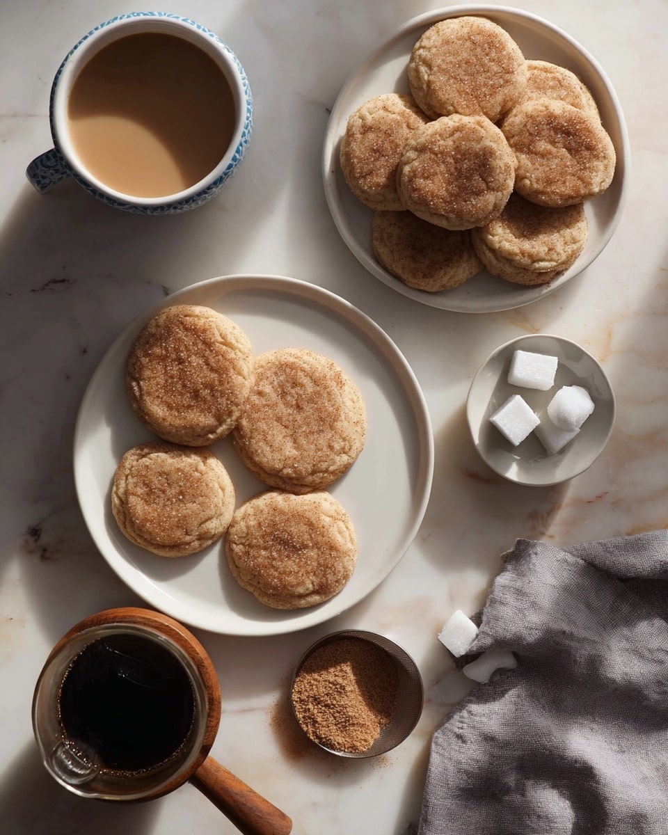 The image shows two white plates each stacked with six soft, round cookies with a cracked sugar surface, placed on a white marbled background. One cookie lies alone in the center. There are two cups of coffee, one partly visible with a dark blue rim and another with creamy coffee inside. A glass coffee dripper with used coffee grounds is at the bottom left. A small white bowl holds three sugar cubes near a light gray cloth at the bottom right. The overall scene is lit softly from above, creating gentle shadows. photo taken with an iphone --ar 4:5 --v 7