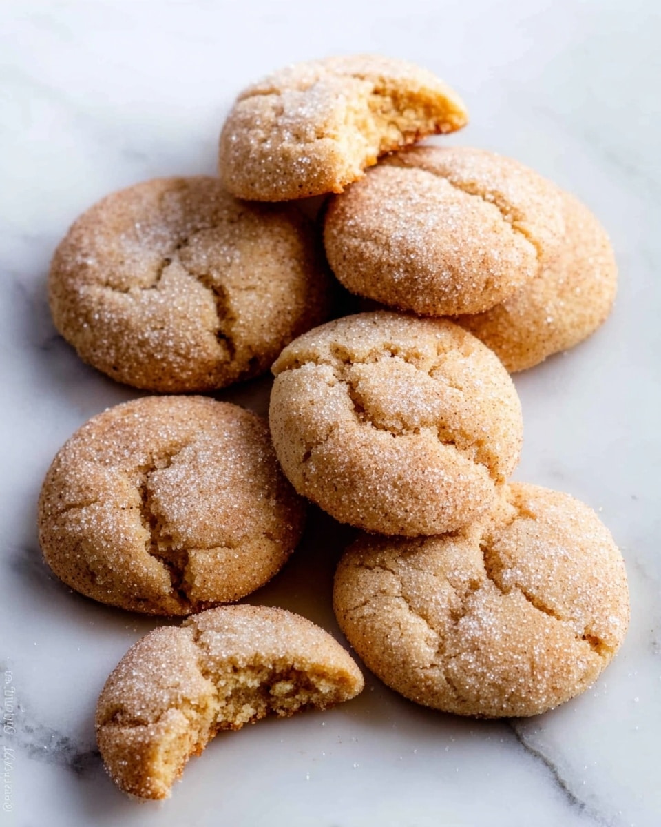 The image shows nine round brown cookies with a slightly cracked surface, each dusted with a light layer of sugar on top. They are arranged casually in a loose cluster on a white marbled surface, with one cookie broken in half showing a soft inside texture. The cookies have a matte finish and a slightly rough texture, with no plates or bowls visible. Photo taken with an iphone --ar 4:5 --v 7