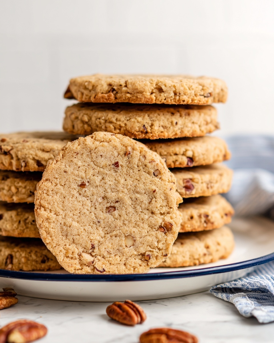 A white plate holds two stacks of light brown pecan cookies with visible small pecan pieces inside. The cookie in front is leaning against the stack, showing its round shape and slightly textured surface. There are two pecans on the white marbled surface near the plate, with a white cloth with blue stripes partially in view on the right side. The background is plain and out of focus, emphasizing the cookies. photo taken with an iphone --ar 4:5 --v 7