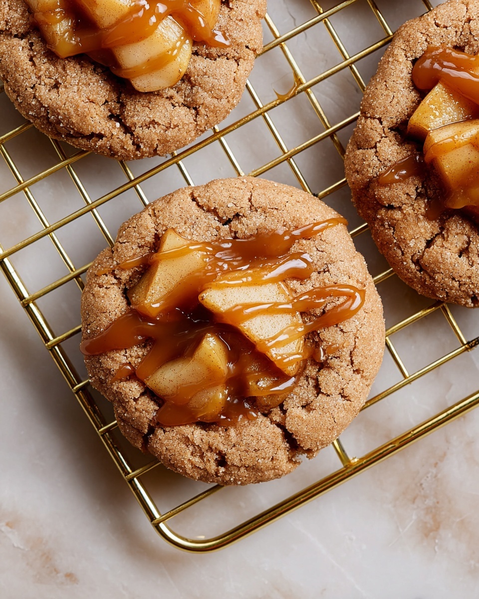 The image shows round cookies with a golden brown color and a slightly cracked surface texture. Each cookie has a topping of thin apple slices placed in the center, covered with a shiny caramel sauce that drapes over the apples and parts of the cookie. The cookies rest on a gold metal cooling rack set on a white marbled surface. The overall appearance is warm and inviting with a mix of smooth caramel gloss and textured cookie cracks. photo taken with an iphone --ar 4:5 --v 7