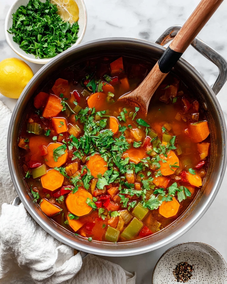 The image shows a close-up view of a pot filled with thick vegetable soup. The soup has several layers of ingredients: cubed orange sweet potatoes, sliced orange carrots, brown lentils, translucent diced onions, red bell peppers, and small pieces of mushrooms, all mixed in a rich, reddish-brown broth. Some green herbs are floating on the surface, adding a touch of color. The pot itself is white and sits on a white marbled surface. A black ladle is partially submerged, scooping the soup to reveal the ingredients clearly, with the edges of the pot and part of a white plate visible in the frame. Photo taken with an iphone --ar 4:5 --v 7