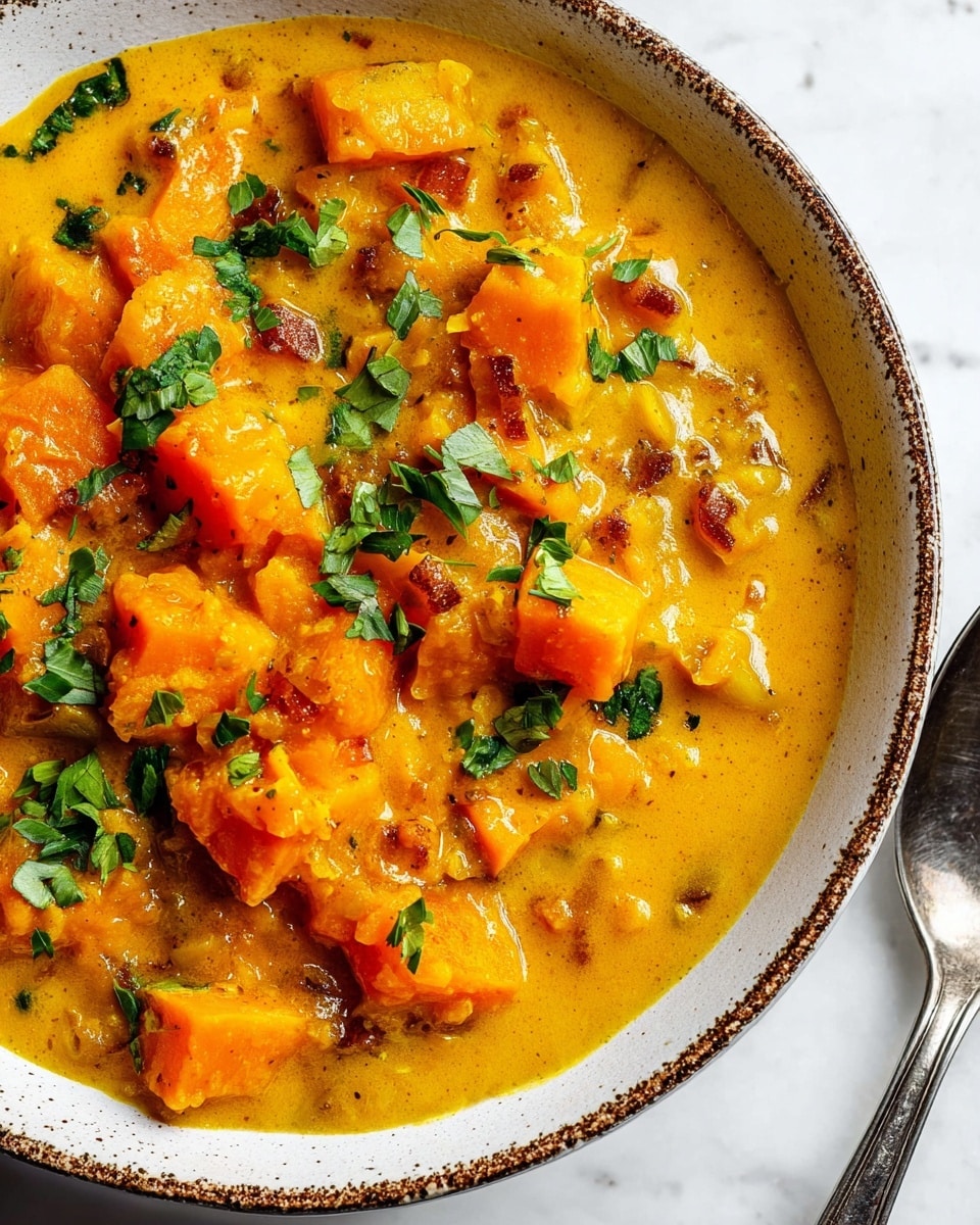 This image shows a close-up of a white bowl filled with a stew-like dish. The dish has chunks of bright orange-yellow cooked squash or pumpkin mixed with small pieces of onion and bits of browned ingredients that look like nuts or small seeds. The stew has a thick, creamy sauce that glistens, covering the vegetables and small bits well. On top, there are chopped green herbs sprinkled as garnish, adding contrast to the orange-yellow colors. The bowl is placed on a white marbled surface and a silver spoon sits nearby. Photo taken with an iphone --ar 4:5 --v 7