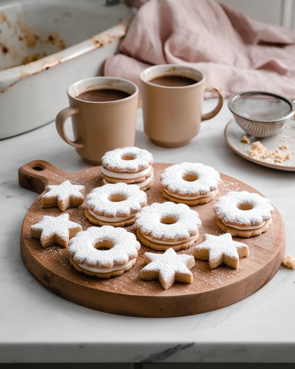 A round wooden serving board with a handle holds fourteen sandwich cookies arranged neatly. The cookies alternate between two shapes: round with scalloped edges and star-shaped, each having a small round cutout in the center showing a glossy amber filling. The top cookie layer is dusted evenly with white powdered sugar, creating a soft matte finish. Around the board are two pinkish-beige mugs filled with light brown coffee, a small white bowl with a spoon containing light brown sugar, and a pale pink cloth on a white marbled surface. Photo taken with an iphone --ar 4:5 --v 7