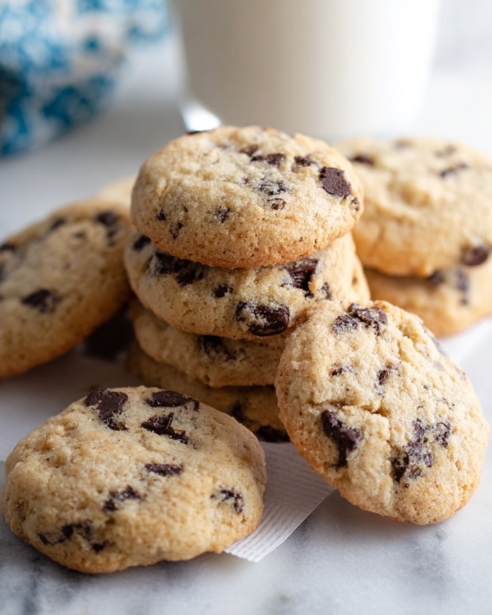 A close-up shot of round cookies with a light beige color, filled evenly with small dark chocolate chips. The texture of the cookies appears soft and slightly cracked on the surface, showing a gentle crumbly look. They are stacked together on a white marbled surface, with one cookie prominently in front, showcasing the details clearly. A small part of a blue patterned cloth is visible at the corner, and some chocolate chips are scattered near the cookies. photo taken with an iphone --ar 4:5 --v 7