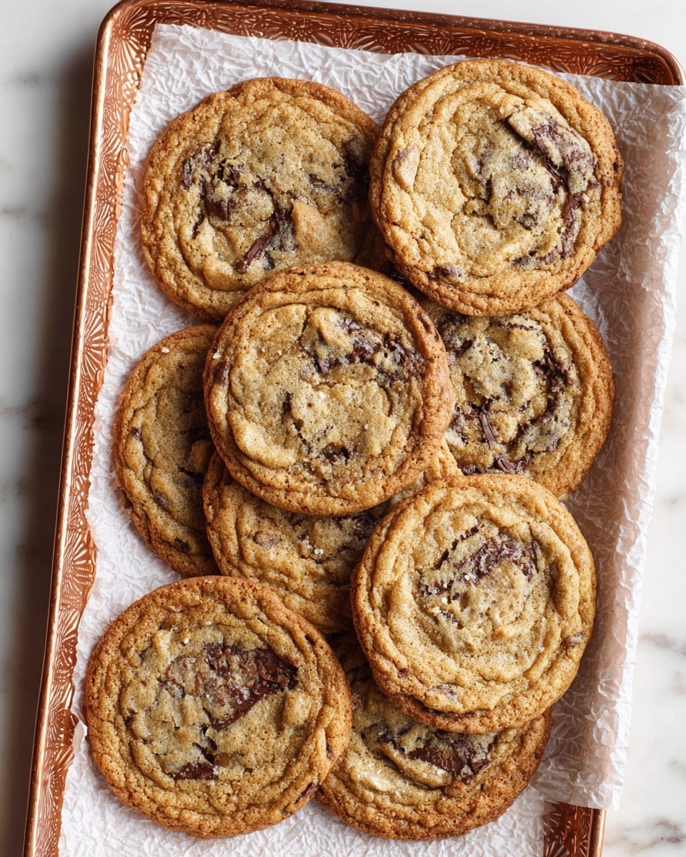 Seven round chocolate chip cookies are arranged closely on wrinkled white baking paper. Each cookie has a golden-brown edge with a slightly darker color, showing a chewy texture with visible sugar crystals on top. The cookies have a lighter beige center with some darker melted chocolate chunks unevenly spread inside. The baking paper rests on a tray against a white marbled surface background. Photo taken with an iphone --ar 4:5 --v 7