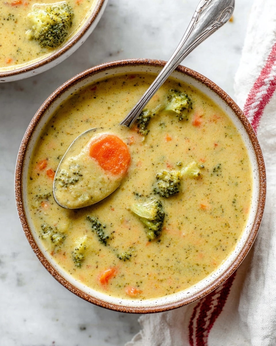 A white bowl filled with thick, creamy soup that has a light yellow base with small pieces of orange carrots and green broccoli evenly spread throughout. A silver spoon rests in the bowl, holding a scoop of soup that shows a large carrot slice and broccoli bits covered in the creamy mixture. The bowl sits on a white marbled surface next to a white cloth with red stripes. photo taken with an iphone --ar 4:5 --v 7