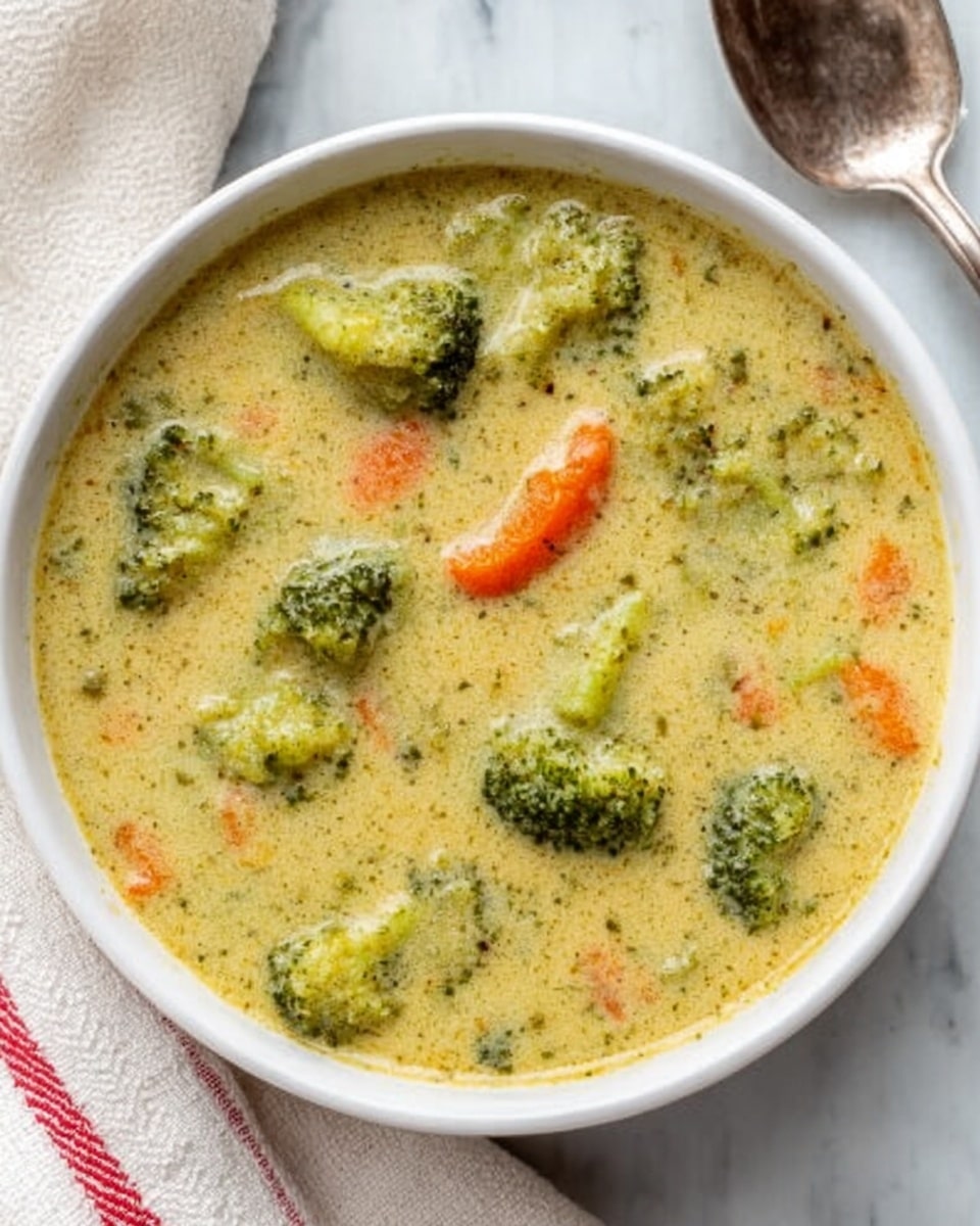 The image shows a bowl filled with a thick, creamy soup that has a light greenish-yellow color. Inside the soup, there are visible pieces of broccoli with their dark green, textured tops, and round slices of orange carrots spread throughout. The soup is served in a white bowl with a smooth edge, placed on a white marbled surface. A woman's hand is partially visible holding the bowl from the side, and a silver spoon lies next to it. A white cloth with red stripes is partially visible under the bowl. Photo taken with an iphone --ar 4:5 --v 7