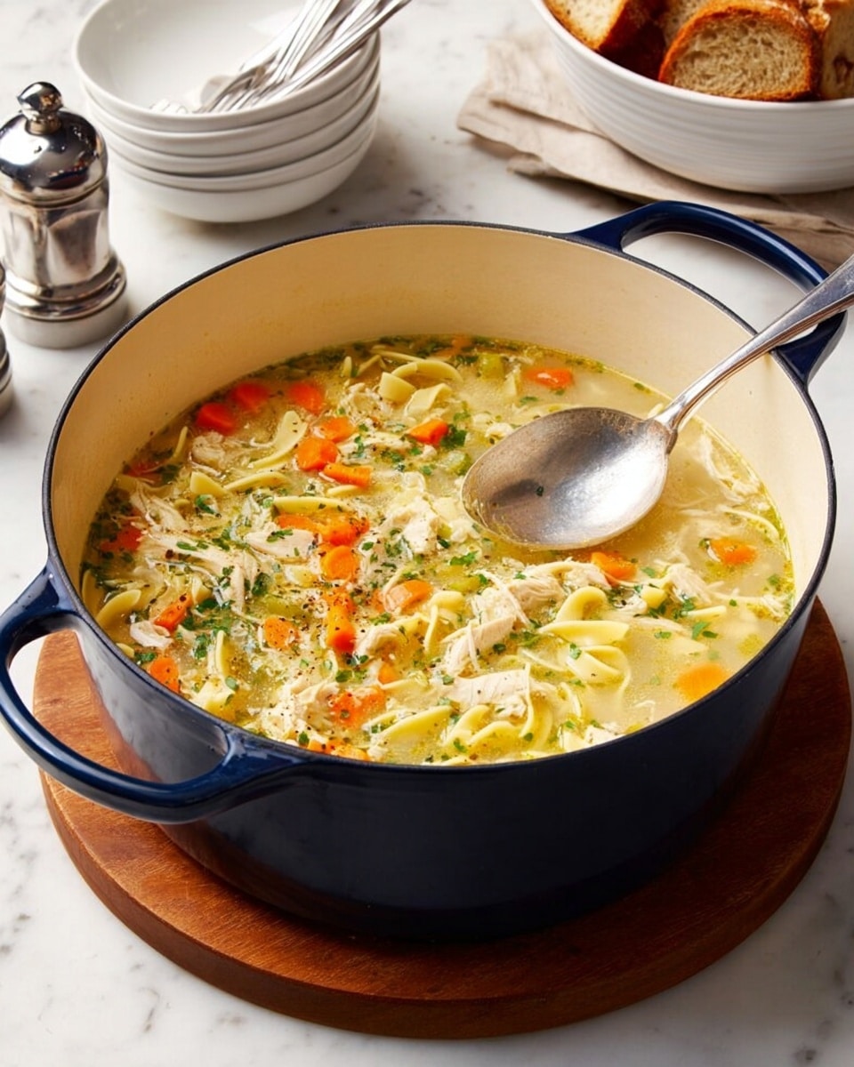 A large dark blue pot filled with chicken noodle soup sits on a round wooden board on a white marbled surface. The soup shows multiple layers: the bottom layer is golden broth, filled with small yellow noodles, scattered orange carrot pieces, and chunks of light-colored cooked chicken. Green herbs are sprinkled throughout the soup, adding texture and color. A large silver spoon rests inside the pot, partially submerged in the soup with its handle pointing out. In the background, a white bowl with toasted bread slices is visible. The overall look is warm and fresh. Photo taken with an iphone --ar 4:5 --v 7