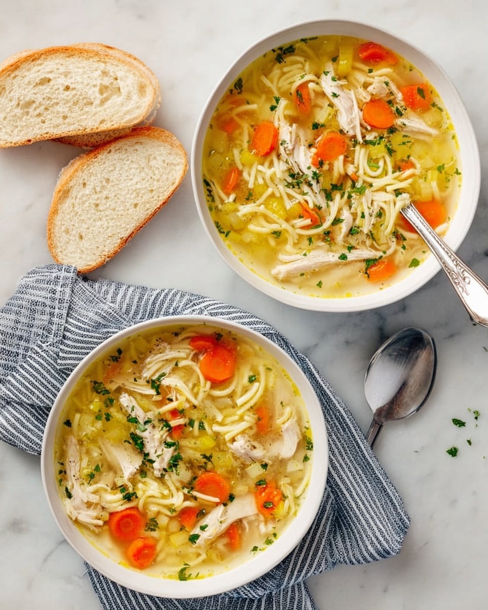 Two white bowls of chicken noodle soup sit on a white marbled surface. Each bowl has a light broth filled with thin, yellow noodles, orange carrot slices, small pieces of white chicken meat, and green herbs scattered on top. One bowl rests on a folded gray and black striped napkin, while the other shows a silver spoon inside, partially resting on the bowl's rim. To the right of the bowls, there are two slices of white bread placed directly on the marbled surface. The scene is bright and clear, showing the fresh ingredients in the soup. Photo taken with an iphone --ar 4:5 --v 7