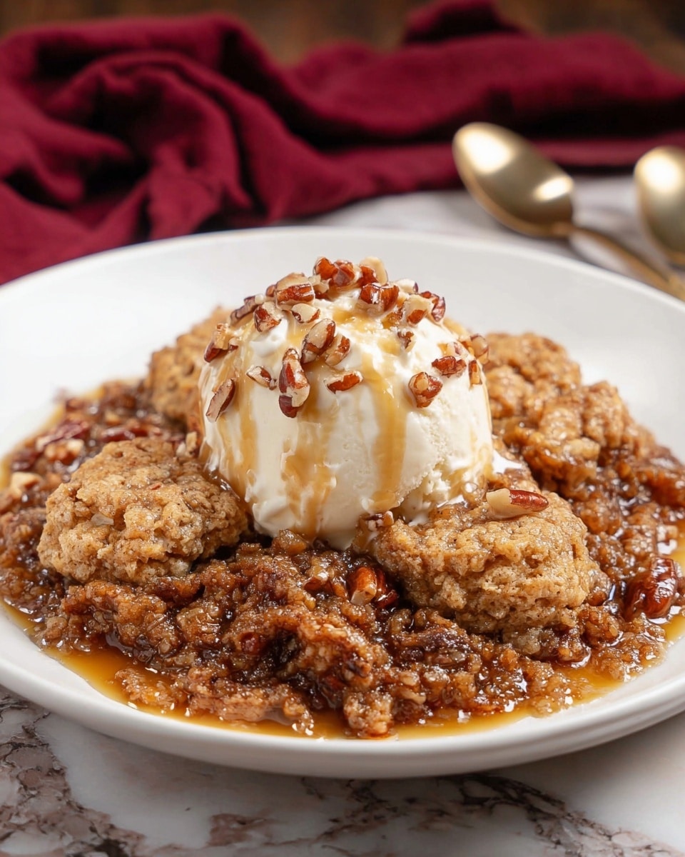A white oval baking dish filled with a pecan cobbler, showing one scoop taken out from the front right side, revealing a sticky, dark brown pecan filling with whole pecans mixed inside. On top, there are nine rough-textured, light brown biscuit rounds covering the cobbler in a single layer. The dish sits on a dark red cloth on a wooden table, with a small clear glass bowl filled with pecans placed in the back left corner. The photo taken with an iphone --ar 4:5 --v 7