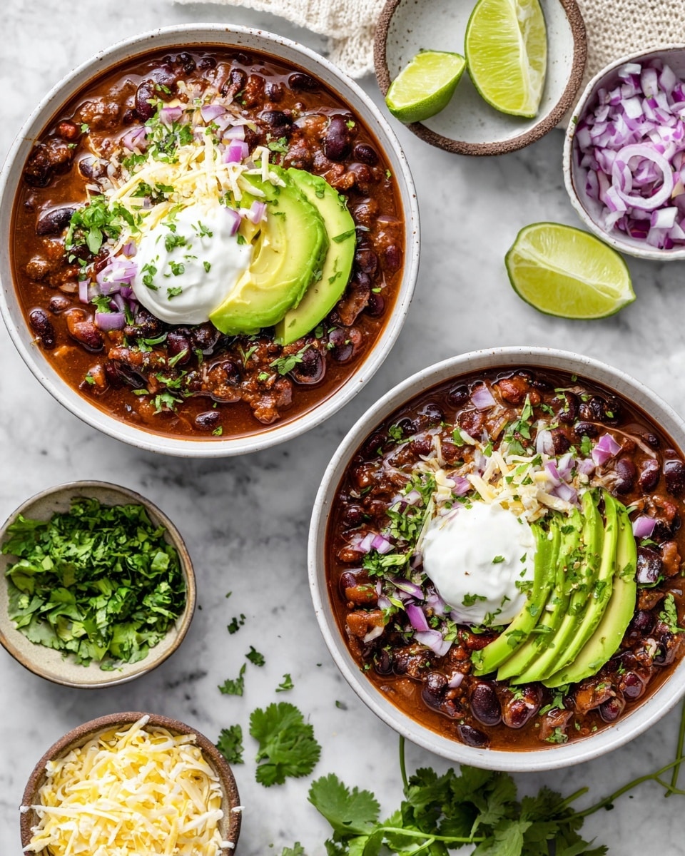 Two white bowls filled with a thick dark chili made of black beans and small pieces of meat, topped with layers of cream, diced red onions, chopped fresh green cilantro, shredded yellow cheese, and two slices of bright green avocado on one side of each bowl. Around the bowls on a white marbled surface, there are small white bowls with chopped cilantro and red onions, a small white bowl with shredded cheese, lime wedges, and scattered pieces of cilantro leaves, with a checkered cloth partially visible. photo taken with an iphone --ar 4:5 --v 7