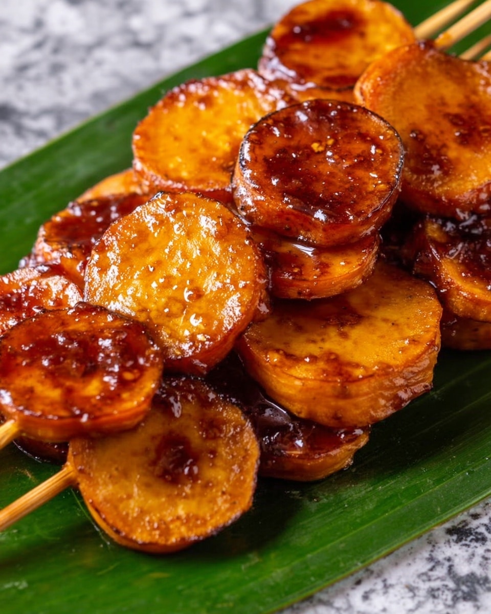 The image shows several golden brown slices of sweet potato skewered on thin wooden sticks, each slice coated in a glossy dark brown caramel sauce with a sticky texture. The skewers are laid over a long green leaf, which rests on a white marbled surface. The caramel sauce shines under the light, with some parts looking thicker and unevenly spread, adding texture to the smooth, cooked sweet potato slices. Photo taken with an iphone --ar 4:5 --v 7