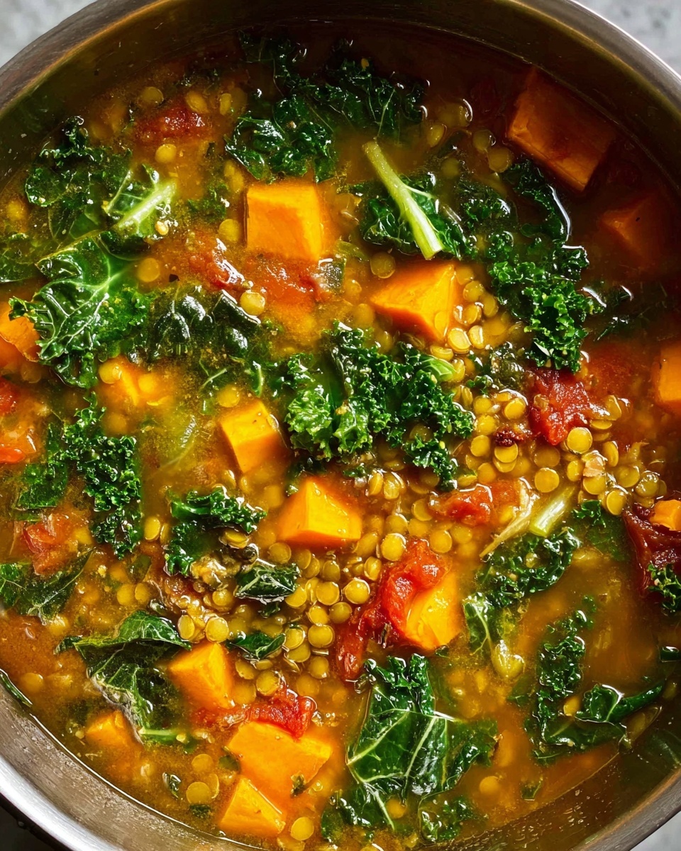 Three white bowls filled with a thick soup that has green leafy vegetables, orange chunks of sweet potato, lentils, and small beans. The soup has a brownish-orange broth and is topped with golden-brown croutons and sprinkled with yellowish powder. Some green leaves are on top as garnish. The bowls sit on a white marbled surface, and a woman's hand with a spoon stirs the soup in the bottom bowl. A blue cloth is partially visible near the bowls. Photo taken with an iphone --ar 4:5 --v 7