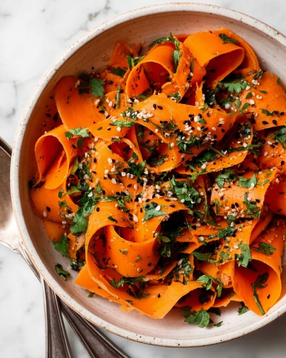 The image shows a close-up of a bowl of carrot ribbons salad. The carrots are shaved into long, wide, curly orange ribbons that fill the white bowl. The ribbons are mixed with small pieces of fresh green herbs, likely parsley or cilantro, scattered evenly on top. Tiny seeds in black and white are sprinkled throughout the salad, adding texture and contrast. The bowl sits on a white marbled surface, and part of a woman's hand is reaching towards the bowl. The overall look is fresh, bright, and colorful. photo taken with an iphone --ar 4:5 --v 7