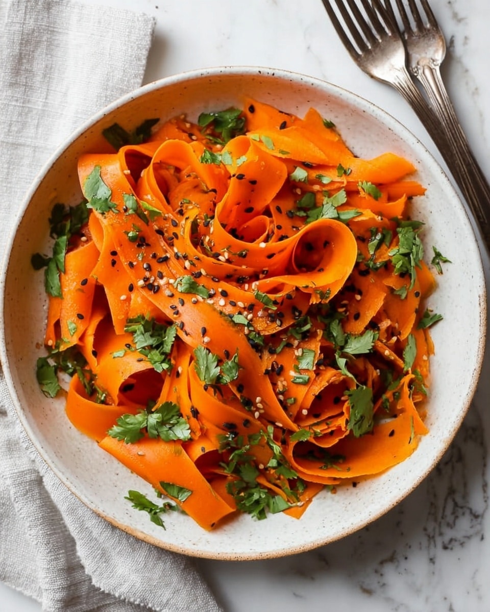 A white bowl filled with wide, curled orange carrot ribbons as the top layer, mixed with small green mint leaves scattered throughout. The carrot ribbons look fresh and slightly shiny, showing a smooth texture, with small sesame seeds sprinkled across them. Underneath, there are some thin, green shredded herbs and small bits of chopped nuts adding texture. A gold fork is resting inside the bowl, partly touching the carrot ribbons. In the background, there is a glass jar with light yellow dressing and two small white bowls containing light brown seeds or spices, all set on a white marbled surface. photo taken with an iphone --ar 4:5 --v 7