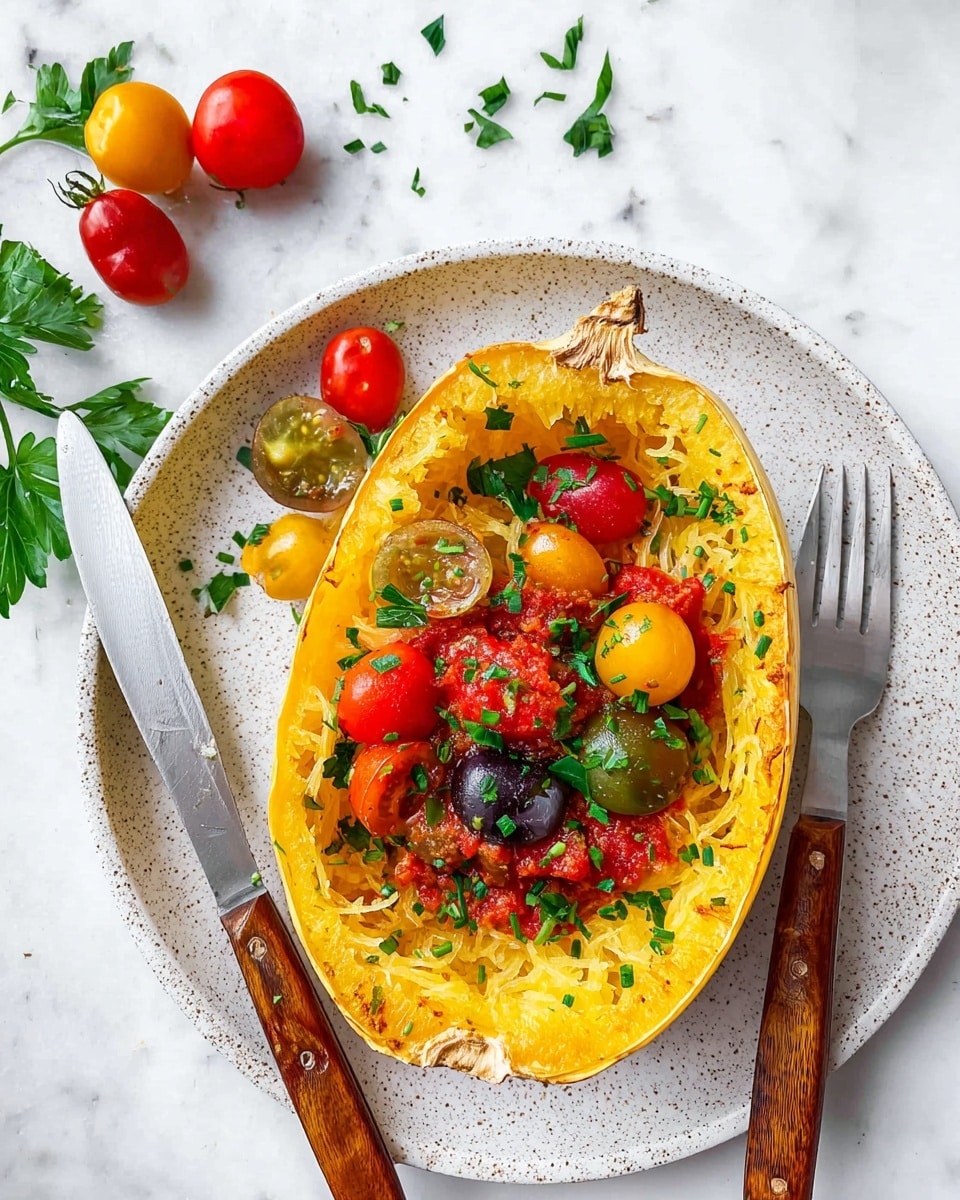 A white plate holds a halved roasted spaghetti squash with its yellow, stringy flesh visible as the bottom layer. On top, there is a layer of chunky red tomato sauce mixed with halved red, yellow, and brown cherry tomatoes. Green parsley leaves are scattered on the top along with chopped chives. Around the squash on the plate, more halved cherry tomatoes and parsley sprigs add color. A small fork with a wooden handle sits on the plate’s left side, and a knife with a wooden handle is placed nearby on a white marbled surface. Photo taken with an iphone --ar 4:5 --v 7