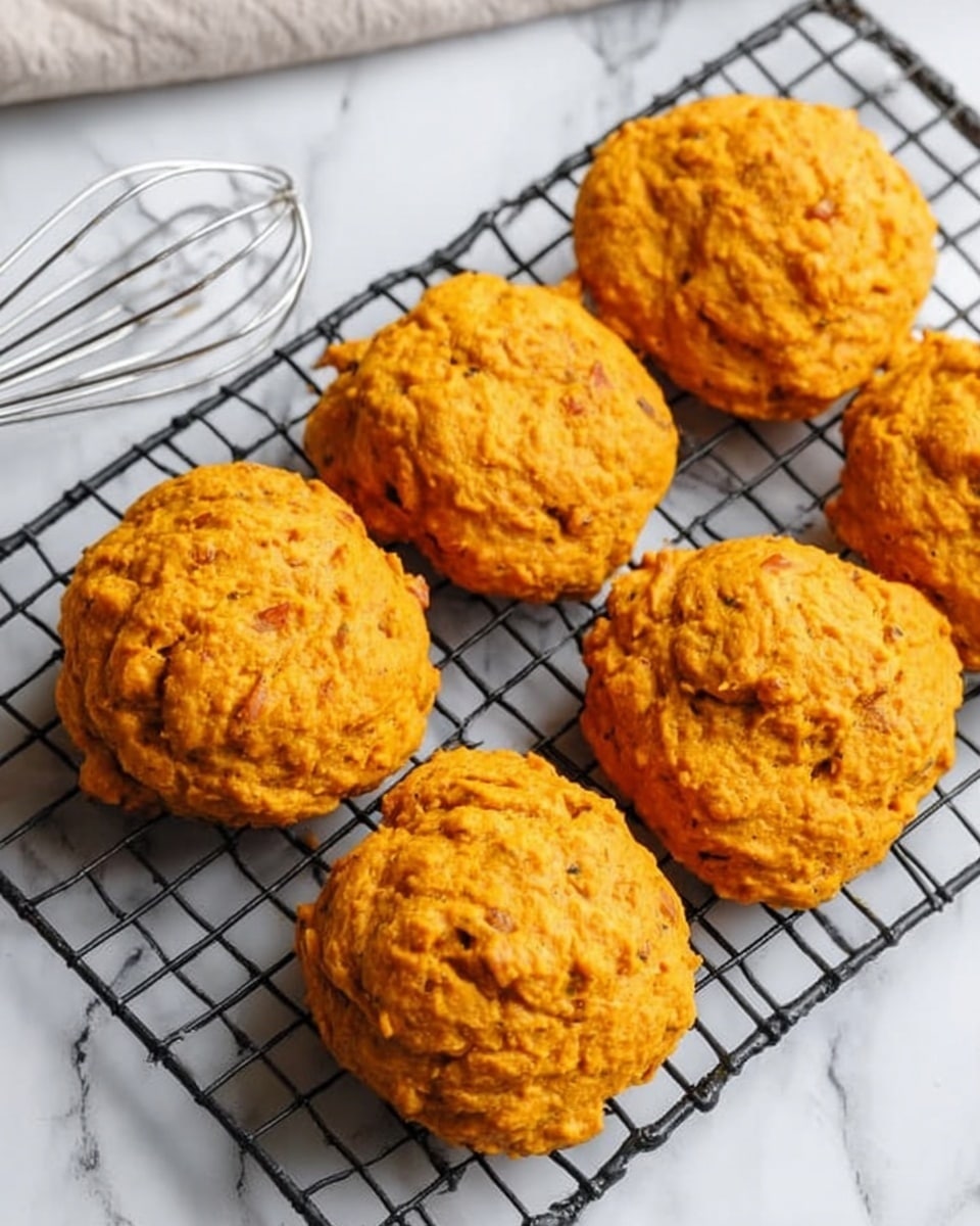 The image shows six large, round orange biscuits with a slightly rough and crumbly texture, arranged in two rows on a black cooling rack. Each biscuit has a craggy top with uneven surfaces and small darker brown spots. The background is a white marbled surface with a crumpled white cloth on the left side and part of a whisk and a glass jar partially visible. The scene has a bright, clean look with natural lighting. photo taken with an iphone --ar 4:5 --v 7