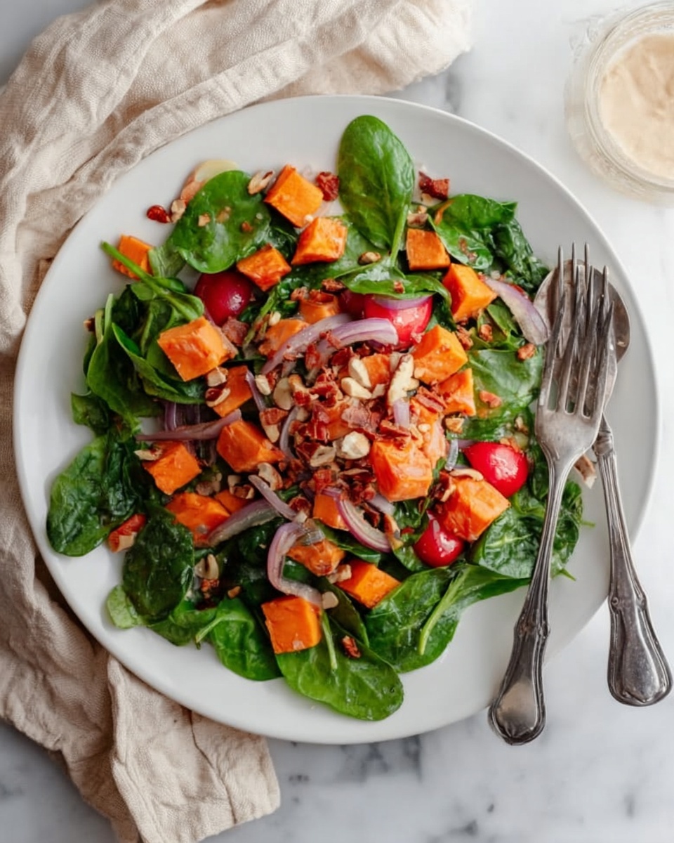 The image shows a white plate filled with a fresh salad on a white marbled surface. The salad has three layers: the bottom layer is vibrant green spinach leaves with smooth texture spread all over the plate, on top of that there are bright orange roasted sweet potato cubes with a slightly rough texture scattered evenly, and the top layer consists of halved red cherry tomatoes and thin, curved slices of light purple onion, along with small chunks of light brown walnuts sprinkled throughout. A silver fork rests on the right side of the plate, and part of a woman's hand is visible in the top right corner. Photo taken with an iphone --ar 4:5 --v 7