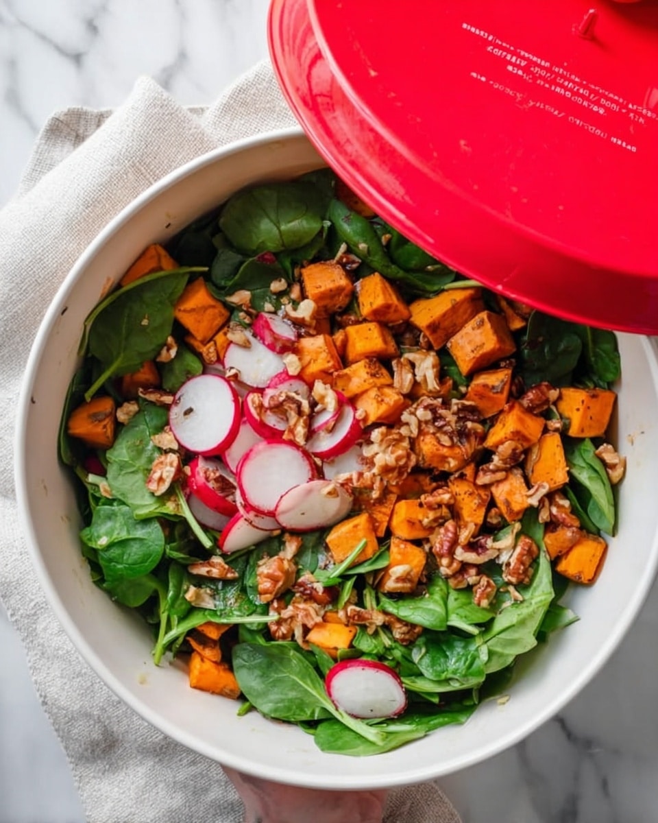 A white bowl filled with fresh green spinach leaves as the bottom layer, topped with bright orange roasted sweet potato chunks, thin slices of red onion, and small pieces of red and white radish scattered evenly. Crushed walnuts are sprinkled on top, adding a rough texture. The bowl is partially covered by a round red lid with a white sticker. The background is a white marbled surface with a soft cloth nearby. Photo taken with an iphone --ar 4:5 --v 7