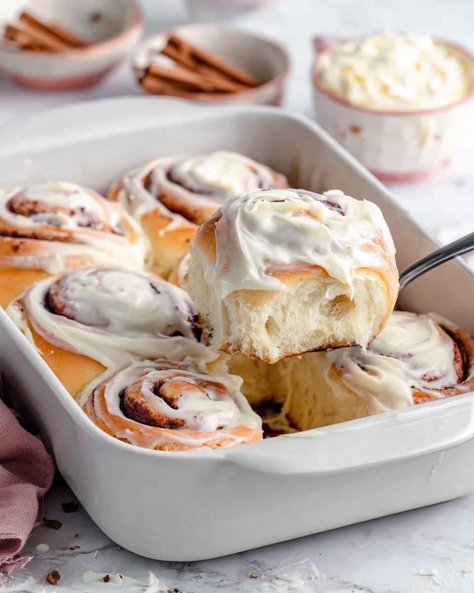 A white baking dish holds seven cinnamon rolls covered with thick white cream cheese frosting. The rolls are golden-brown at the base with visible light brown swirls of cinnamon inside. The frosting is spread unevenly on top and drips slightly down the sides. One cinnamon roll is lifted by a spoon, showing its soft and fluffy inside with creamy frosting on top and a swirl pattern. The dish is set on a white marbled surface with blurred bowls and spices in the background. photo taken with an iphone --ar 4:5 --v 7