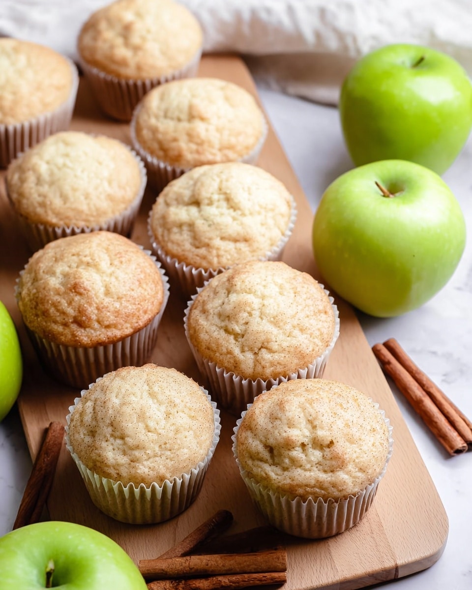 The image shows a group of light golden muffins arranged closely together on a white marbled surface. Each muffin is in a white paper cup and has a textured, fluffy top with small cracks and a soft appearance. Behind the muffins, there are three bright green apples and two cinnamon sticks forming a cross shape, adding a touch of color and a natural feel to the scene. A red and white checkered cloth is also partially visible to the left side. The overall lighting is soft and natural, highlighting the muffins’ texture and the fresh ingredients around. photo taken with an iphone --ar 4:5 --v 7