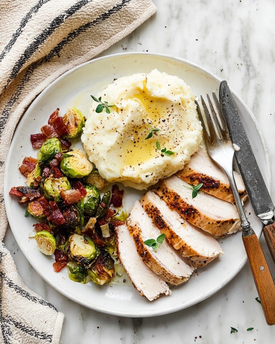 A white plate shows three main layers of food arranged separately: on the right, five thick slices of cooked chicken with a golden brown outside and white inside, garnished with small green herb pieces; in the top center, a scoop of light, creamy mashed potatoes with a small pool of melted butter on top and specks of black pepper; on the left, roasted Brussels sprouts that are bright green with browned edges mixed with chunks of cooked bacon and small bits of translucent onions. A fork and knife with wooden handles rest on the plate, near the chicken. The plate is set on a white marbled surface with small green herb sprigs nearby and a white cloth with black stripes partially visible on the upper left corner. photo taken with an iphone --ar 4:5 --v 7
