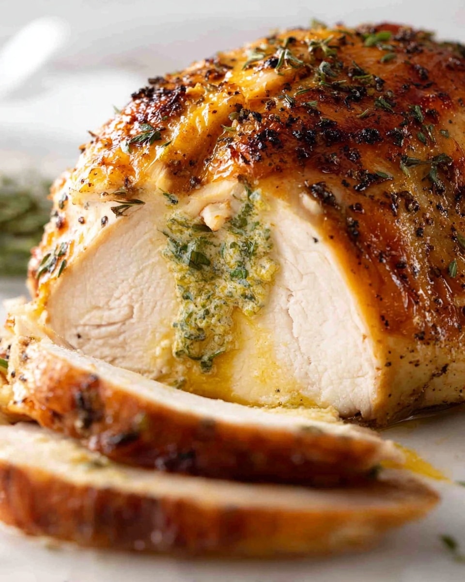 The image shows a close-up of a cooked chicken piece on a white marbled surface. The chicken has a golden-brown, crispy skin with visible herbs and spices on top. It is sliced, revealing a white, juicy inside with a layer of green herbs just under the skin. Some golden liquid is dripping slightly from the sliced part, adding a fresh and moist look. A few more slices lie on the surface in front of the main piece. photo taken with an iphone --ar 4:5 --v 7