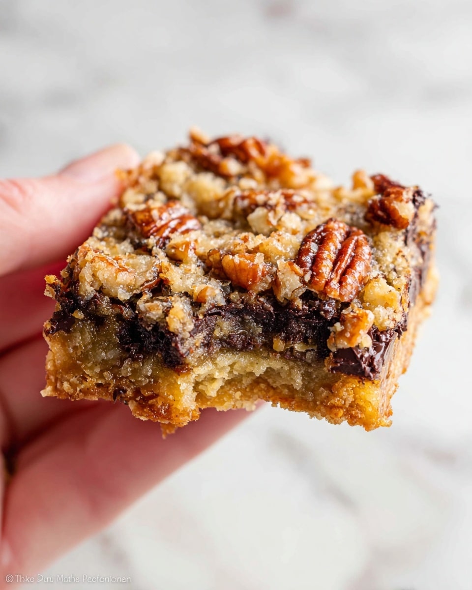A close-up shows a small square bar held by a woman's hand, with one corner bitten off. The bar has three visible layers: a light, crumbly base layer; a middle layer of melted dark brown chocolate that looks soft and thick; and a top layer covered in a mix of chopped nuts and chocolate chunks, which is golden brown and crispy. The background is a white marbled texture. photo taken with an iphone --ar 4:5 --v 7