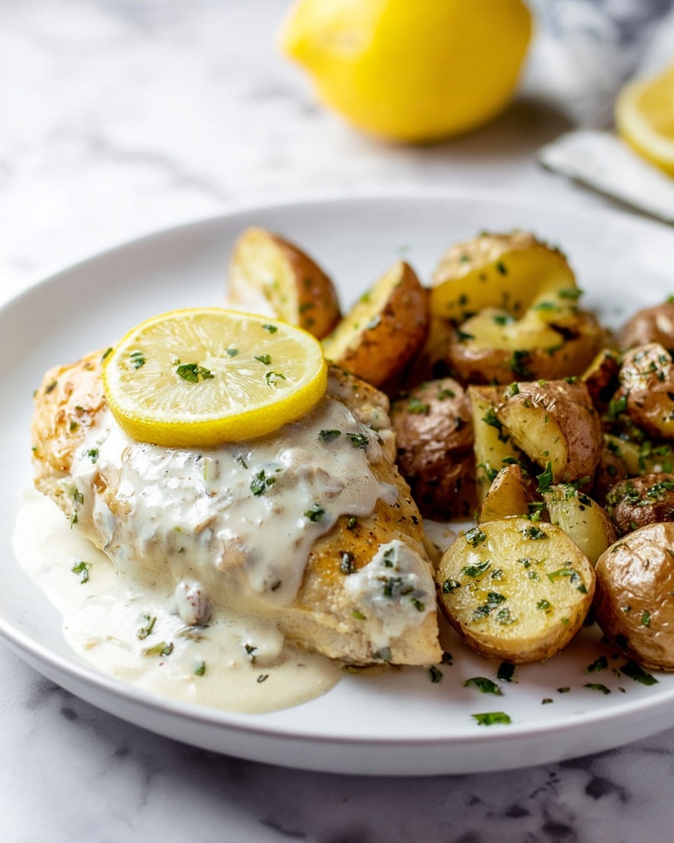 A white plate holds a cooked piece of chicken on the left, covered with a creamy white sauce that has small green herbs sprinkled on top. The chicken is golden brown with a slightly crispy texture on the edges. A thin lemon slice with a light yellow color rests on top of the chicken near the back. On the right side of the plate, there are small roasted potato halves with a golden brown and slightly crispy surface, sprinkled with green herbs. The background is a white marbled texture, and a yellow lemon half is blurred in the top background. photo taken with an iphone --ar 4:5 --v 7