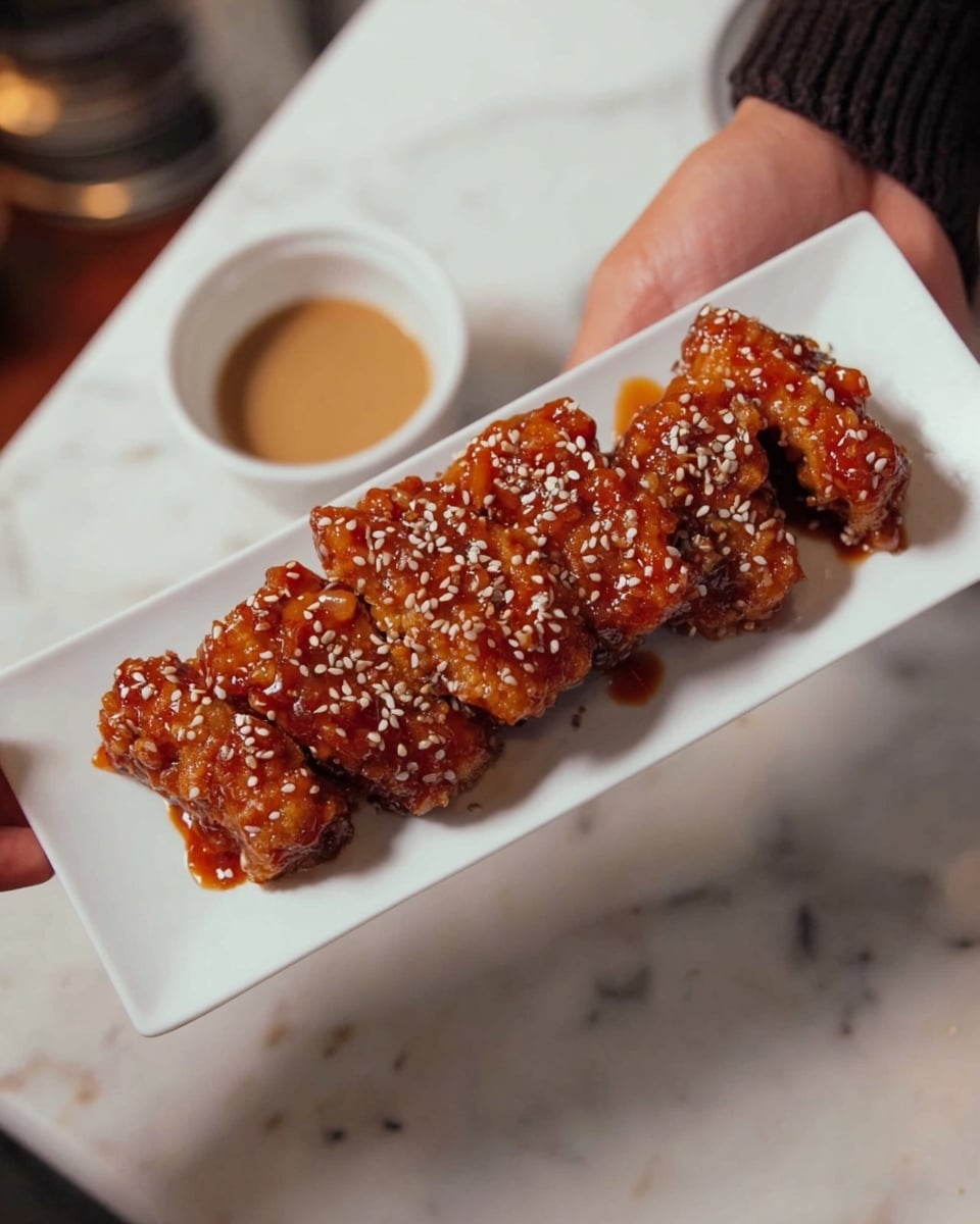 A white rectangular plate holds a neat stack of seven pieces of fried chicken coated in a shiny red sauce, glistening under light. The chicken pieces have a crispy texture under the sauce and are sprinkled with small white sesame seeds on top. A woman's hand is holding the plate gently from the edge. The plate sits on a white marbled surface with a blurred background that includes a small container with some light-colored sauce. Photo taken with an iphone --ar 4:5 --v 7