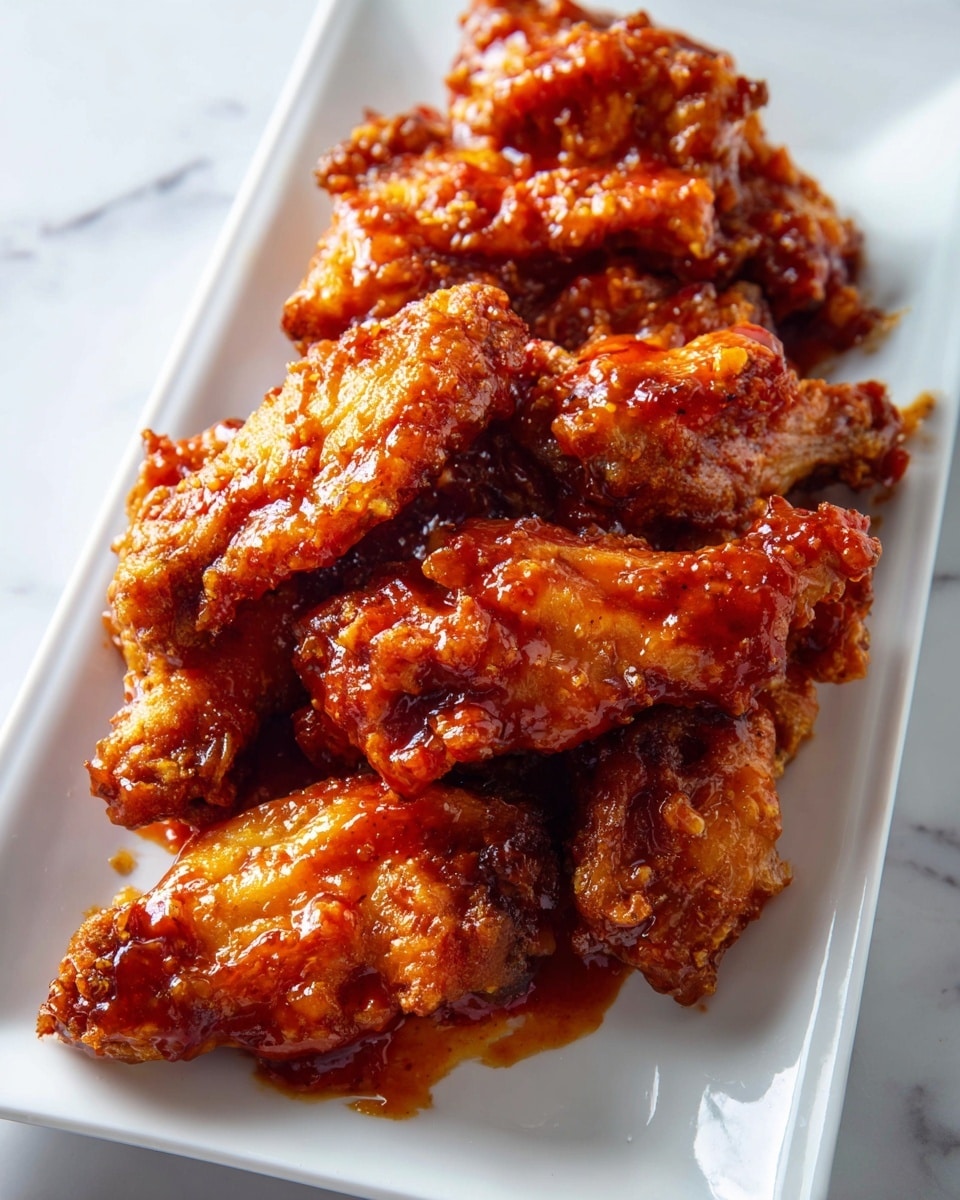 A clear square plate holds a pile of nine glossy, reddish-orange chicken wings coated in a sticky sauce. Each wing has a crispy texture beneath the shiny sauce, with some darker golden-brown spots where the crispy skin peeks through. The wings are stacked unevenly, creating a small mound that shows different shapes and sizes of the wings. The plate rests on a white marbled surface, adding contrast to the vibrant color of the wings. photo taken with an iphone --ar 4:5 --v 7