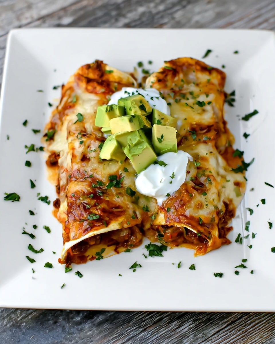 On a white square plate set on a white marbled surface, there are three folded, lightly golden tortillas stacked together. The tortillas are filled with a mix of melted light orange and white cheese and cooked beans with a slightly saucy texture. On top of the stack, there is a dollop of bright white sour cream with chunks of light green avocado placed around it. Small pieces of chopped green herbs are scattered across the dish and plate, adding fresh color. photo taken with an iphone --ar 4:5 --v 7