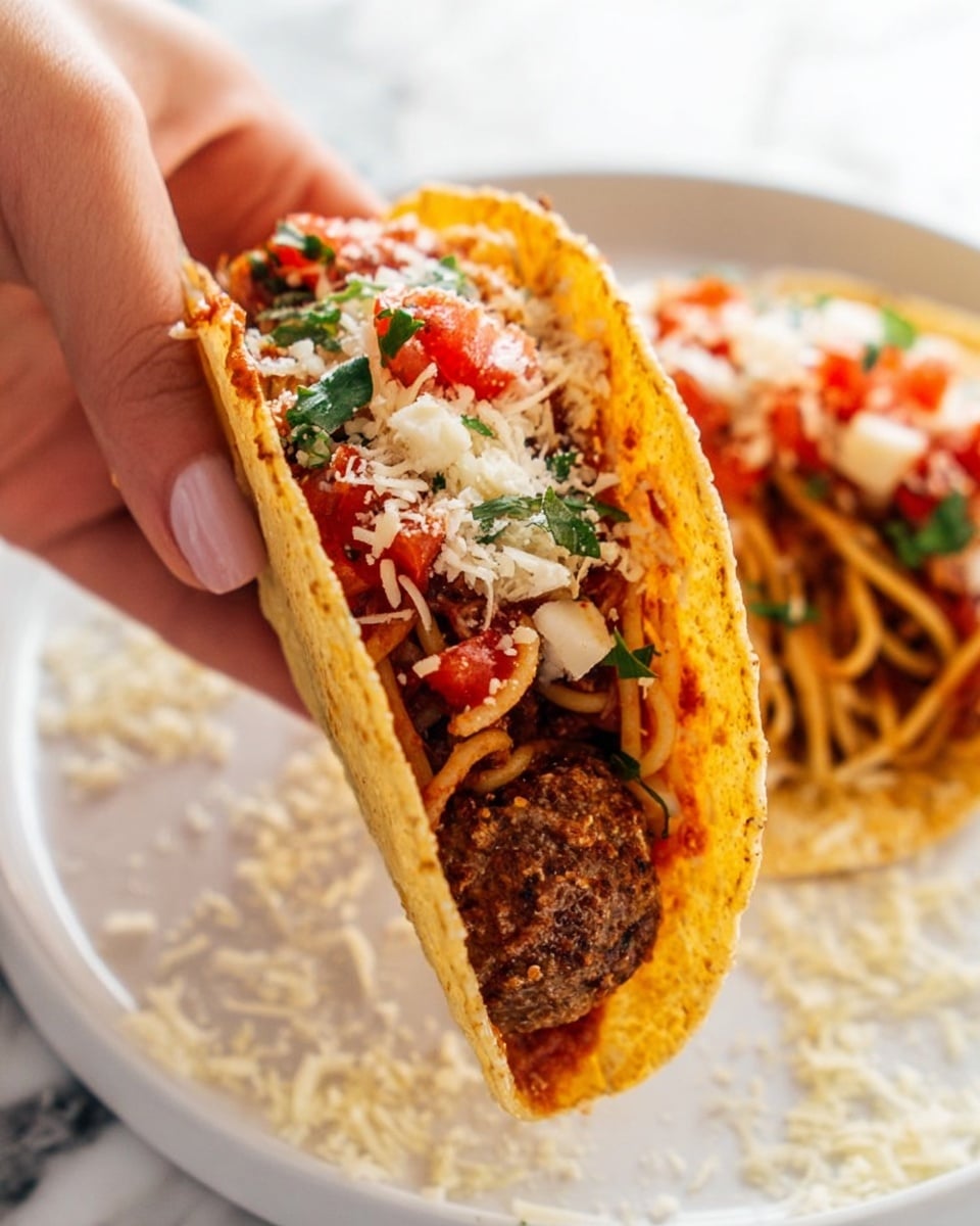 A close-up of a taco held by a woman's hand above a white plate on a white marbled surface. The taco has a yellow corn shell that is slightly crispy. Inside, there is a visible round brown meatball at the bottom center. Above the meatball, there are light brown spaghetti noodles mixed with small pieces of white cheese, red tomato chunks, and green herbs, giving the filling a colorful and textured look. The plate beneath has some scattered white cheese crumbs and another taco filled with a similar mix of tomatoes, cheese, and green herbs. Photo taken with an iphone --ar 4:5 --v 7
