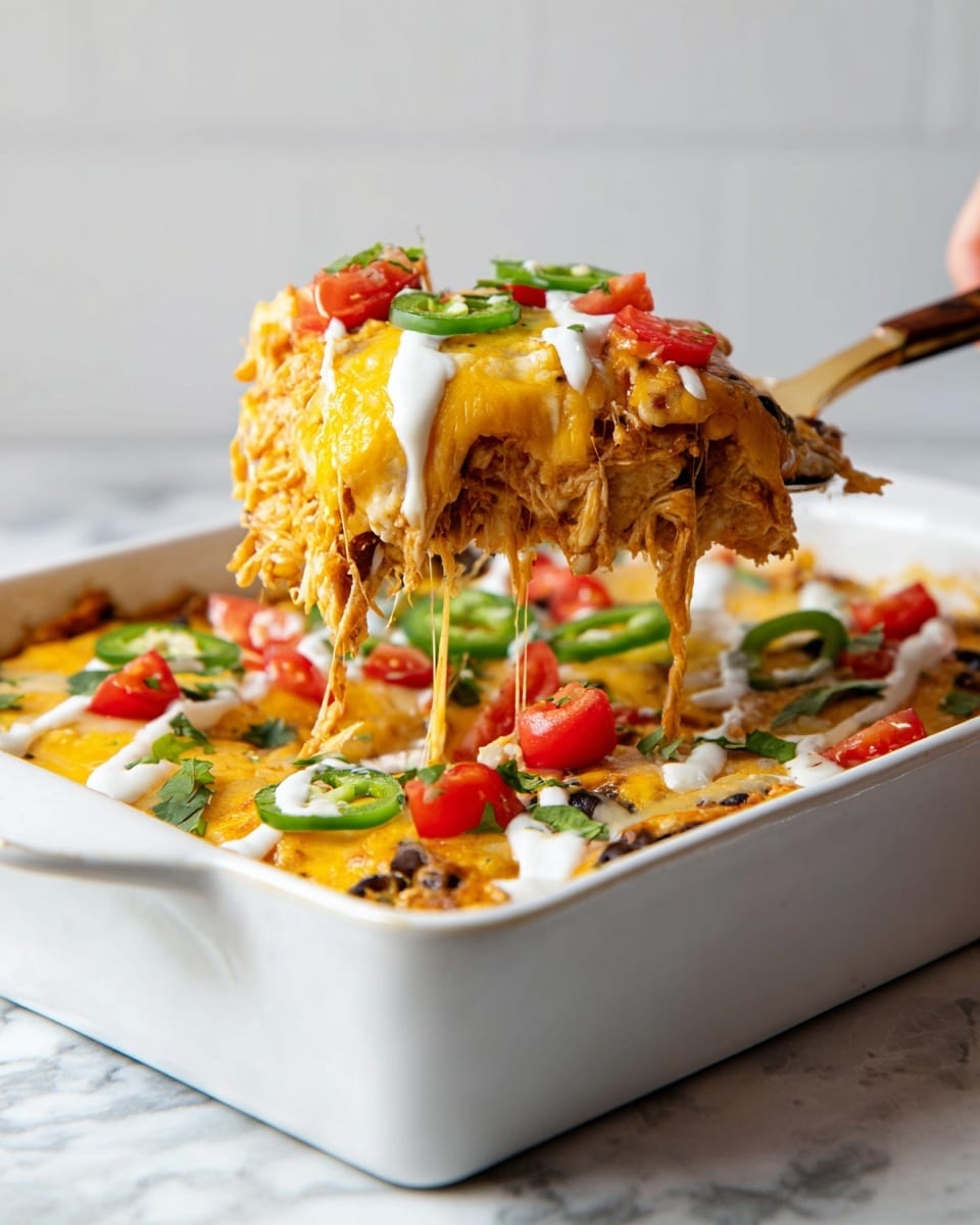 A white baking dish filled with a layered cheesy casserole. The bottom layer looks creamy with bits of corn and beans mixed in an orange sauce. On top of that, there is a thick, melted yellow cheese layer that is soft and stretchy as a piece is being lifted with a spatula. The top is decorated with small red tomato chunks, green jalapeño slices, and white drizzle of sour cream in thin lines. The casserole has a warm, rich texture with colors of orange, yellow, red, green, and white on a white marbled surface. Photo taken with an iphone --ar 4:5 --v 7