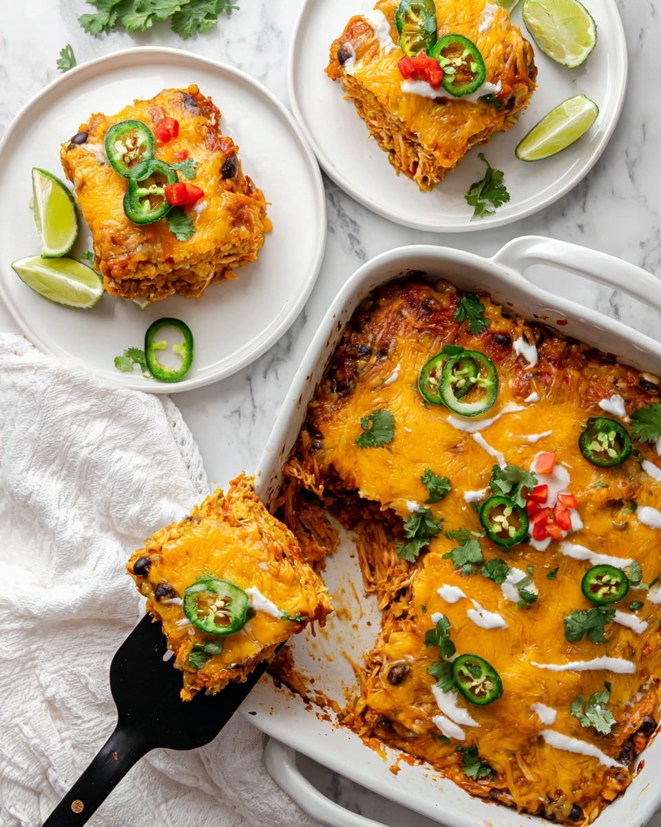 A white square baking dish holds a layered Mexican casserole with four pieces topped with melted golden-yellow cheese, small red bell pepper pieces, green jalapeño slices, fresh green cilantro leaves, and thin white sauce drizzles. One square is lifted with a dark wooden spatula, showing inner layers of corn, black beans, rice, and shredded chicken with an orange sauce. Two white plates with black striped rims each hold a square piece of the casserole with toppings and white sauce drizzle, accompanied by two lime wedges. A silver fork rests on one plate. The scene is set on a white marbled surface with a small white bowl of sliced jalapeños and some cilantro leaves nearby, creating a fresh and colorful presentation. Photo taken with an iphone --ar 4:5 --v 7