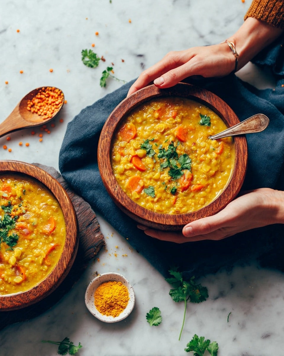 In this image, there are two wooden bowls filled with a thick yellow lentil stew with visible soft orange carrot slices and small green cilantro leaves on top. One bowl is held by a woman's hand with a spoon dipped inside, showing some of the creamy stew texture mixing with a white swirl, possibly yogurt or cream, in the middle of the stew. The other bowl rests on a white marbled surface partly covered with a dark gray cloth, with a spoon inside the stew. Around the bowls, scattered green cilantro leaves and small piles of orange lentils, a small white bowl of yellow spice powder, and a wooden spoon with some of the same spice are placed on the white marbled background. Photo taken with an iphone --ar 4:5 --v 7