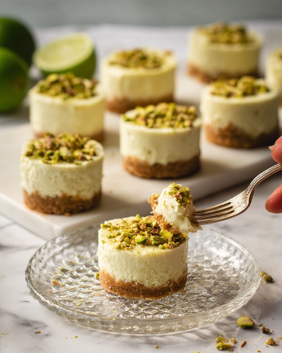The image shows six small round cakes arranged on a white plate with a white marbled surface underneath. Each cake has two layers: a thick bottom layer that is light brown and crumbly with a smooth texture, and a thick top layer that is creamy pale green with a soft and smooth texture. On top of each cake, there are small pieces of chopped pistachios, adding a rough texture and a greenish-brown color. One cake is on a clear textured glass plate in the foreground, and there is a fork beside it with a bite-size piece of the cake on the fork. In the background, two halves of a lime add a fresh green color. The photo was taken with an iphone --ar 4:5 --v 7