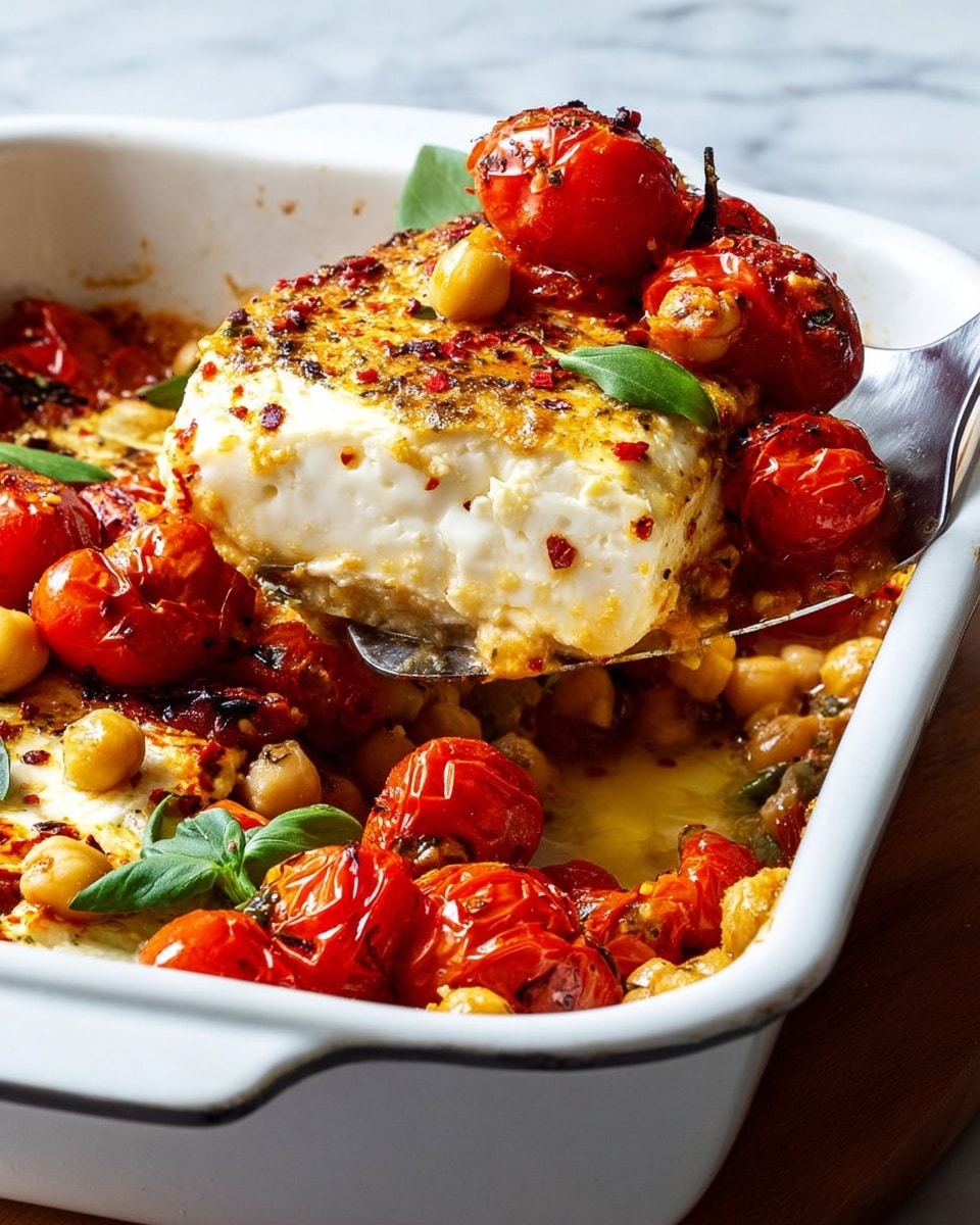 The image shows a white rectangular baking dish with a burnt orange outside edge, filled with a dish made of large, golden-brown blocks of baked feta cheese on top, surrounded by roasted cherry tomatoes that have burst and darkened in color, soft chickpeas scattered around, and fresh green basil leaves for contrast. The texture of the feta is firm but creamy, and it is sprinkled with black pepper and red flakes. A metal spatula lifts one block of feta topped with a roasted cherry tomato and some chickpeas out of the dish, revealing the juicy and oil-soaked chickpeas underneath. The dish rests on a white marbled surface with subtle veins. Photo taken with an iphone --ar 4:5 --v 7