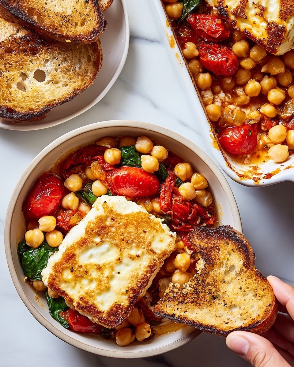 A white bowl filled with a layer of cooked chickpeas mixed with roasted bright red cherry tomatoes and green leafy herbs, topped with a large piece of golden browned cheese with a slightly crispy surface. Next to the bowl are toasted broken bread pieces with a golden crust, and a white baking dish above partly showing more of the chickpeas and tomatoes with a woman's hand tearing a piece of toasted bread. The whole scene is set on a white marbled surface with stacked white plates to the side. Photo taken with an iphone --ar 4:5 --v 7