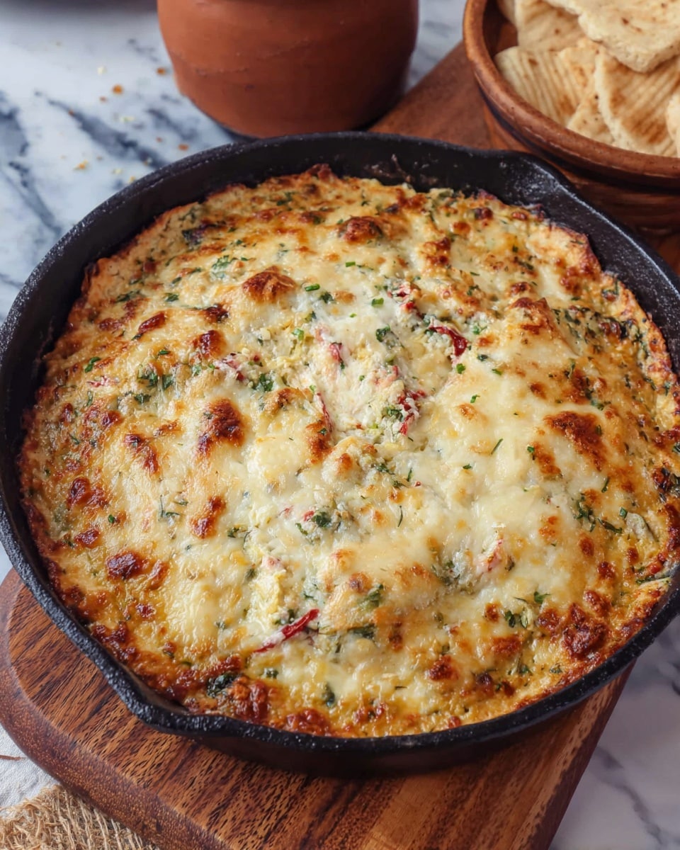 A thick baked dish in a black cast iron pan with one visible handle, showing one main layer of creamy, cheesy topping browned with golden and light brown spots, with bits of green herbs and small pieces of red ingredients mixed throughout the surface, giving a textured look with some melted cheese strands scattered. The pan is placed on a wooden board over a white marbled surface, with a blurred cup and another clay pot visible in the background. Photo taken with an iphone --ar 4:5 --v 7