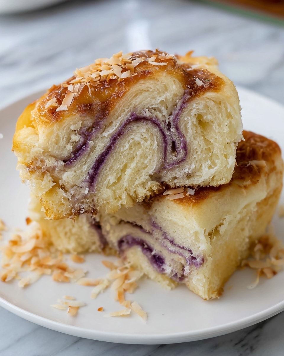 The image shows two pieces of soft, fluffy bread with a purple swirl layered inside each slice. The bread has a light beige color with a delicate, airy texture, and the purple filling looks smooth and fills the middle of each piece in wavy layers. Both pieces sit on a white plate, which rests on a white marbled surface. Small toasted bits, likely from the bread, are scattered around the base of the slices. The photo taken with an iphone --ar 4:5 --v 7