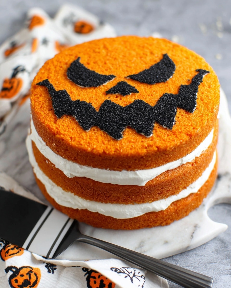 The image shows a three-layer cake with bright orange sponge layers and thick white cream layers in between. The top of the cake is decorated with a black Halloween pumpkin face design. One slice is cut and placed on a white plate, showing the orange and white layers clearly. A fork with cake on it rests on the plate. The cake sits on a white cake stand, and the background is a white marbled surface with a white cloth printed with orange jack-o’-lanterns nearby. Photo taken with an iphone --ar 4:5 --v 7
