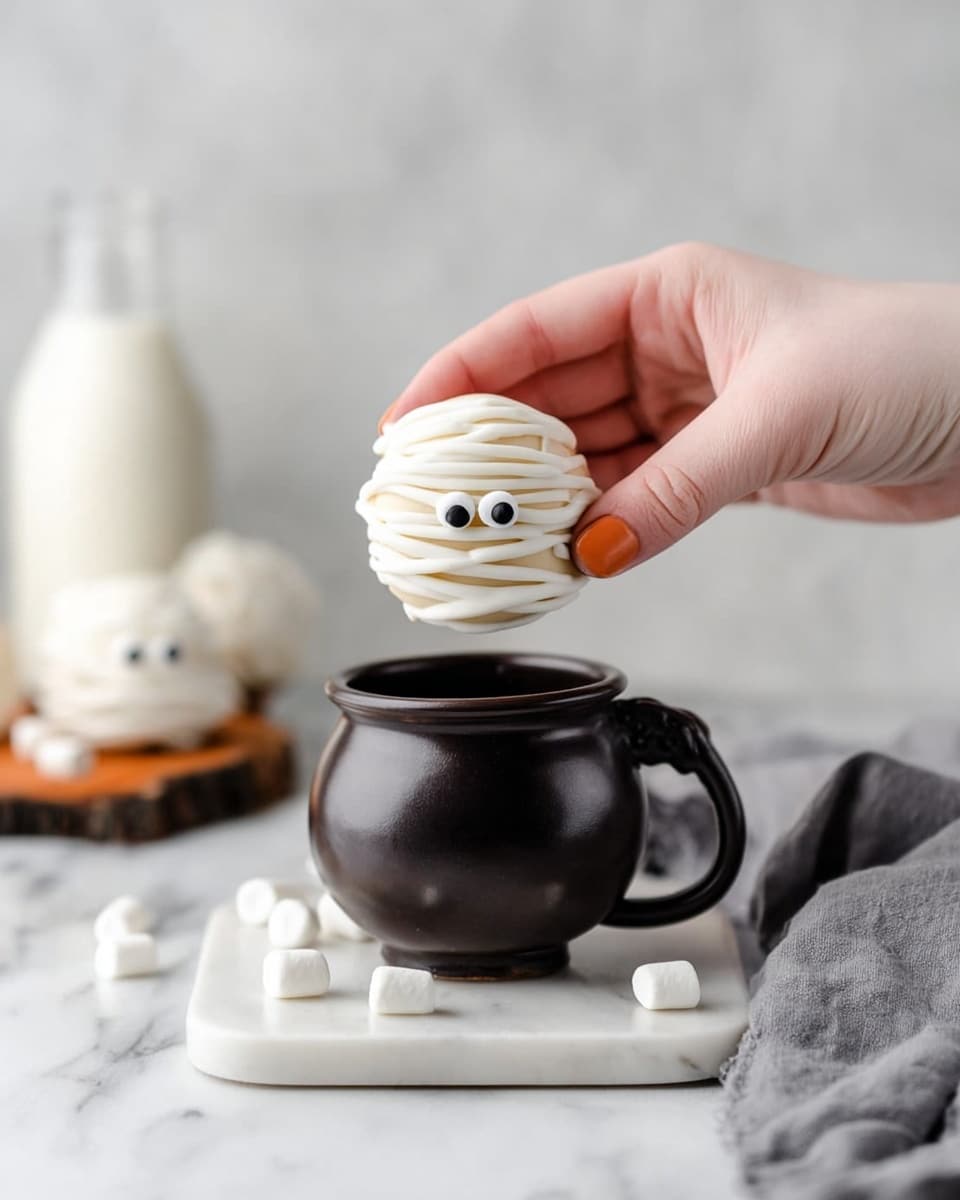 A woman's hand is holding a small round white cake decorated to look like a mummy, with white icing strips wrapped around it and two small black and white candy eyes in the center. Below the hand is a dark, rustic metal cup with a handle, placed on a white marble surface along with scattered mini white marshmallows. In the background, there is another similar mummy cake, a clear glass bottle of milk, and a dark container, all set against a white marbled backdrop. A textured gray cloth is partially visible on the right side. photo taken with an iphone --ar 4:5 --v 7