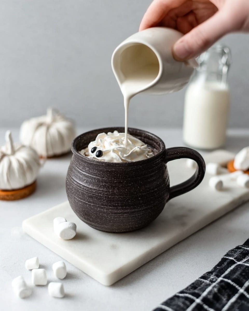 A dark brown ceramic cup with a smooth, rounded shape and a handle, sitting on a rectangular white marble slab, is filled with a swirl of white whipped cream. A woman's hand is pouring white milk from a small white jug into the cup, with the milk visibly flowing down over the whipped cream. Around the cup on the white marbled surface are scattered small white marshmallows and two white meringues or cookies in the background, slightly blurred. There is also a grey and black checkered cloth lying beside the marble slab. The lighting is soft and natural, highlighting the creamy textures and the smooth surface of the ceramic cup. Photo taken with an iphone --ar 4:5 --v 7