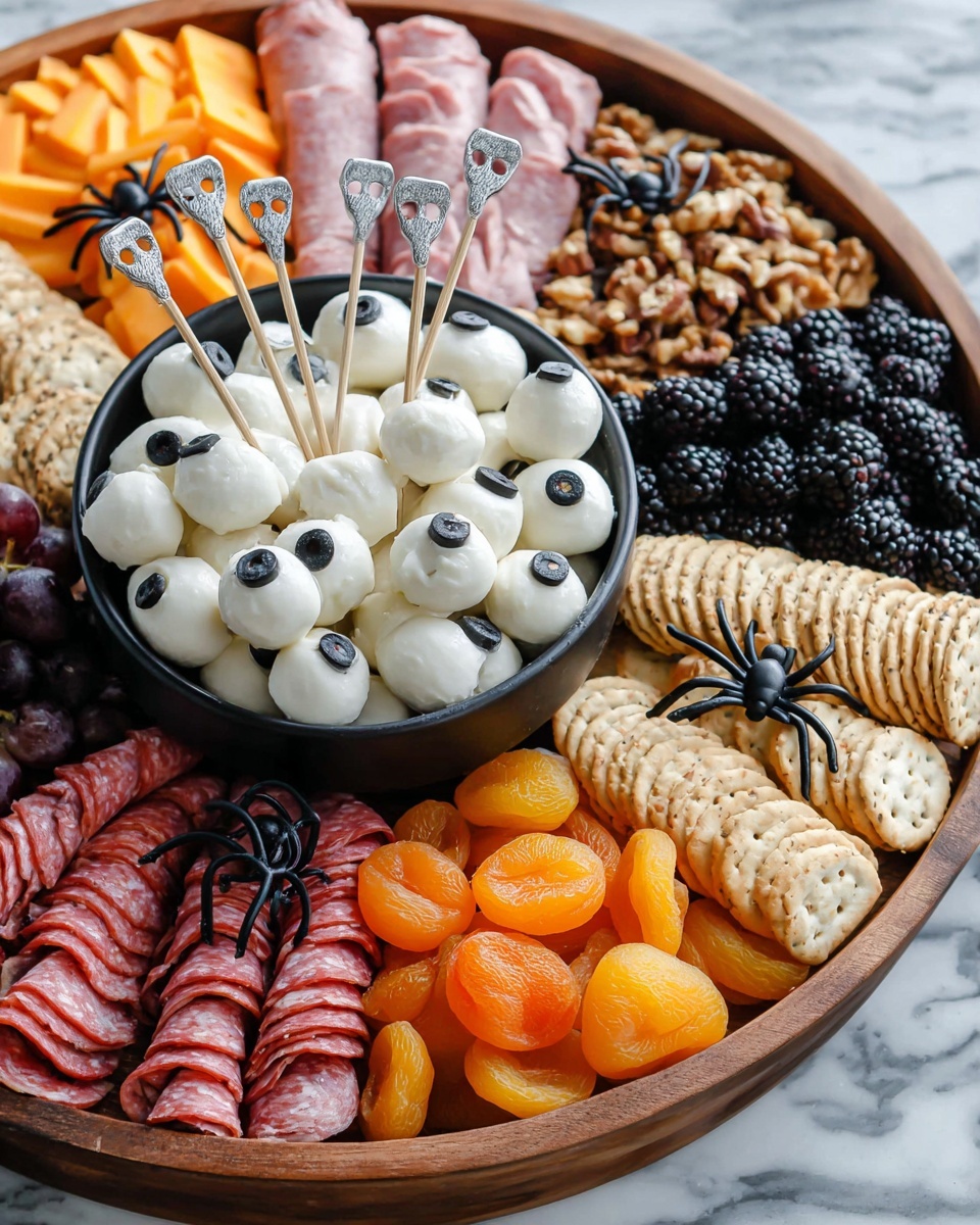 A round wooden board holds an arranged spread of food with a black bowl in the center filled with white round balls resembling cheese, each topped with a small black dot to look like eyes, with four silver bone-shaped forks resting on the edge of the bowl. Surrounding the bowl, there is a layer of folded pink deli meat rosettes at the top, next to a row of dark olives. To the right of the olives, a row of square crackers is bordered by a white plastic skeleton hand reaching inward over the board. Below the hand is a curved row of thinly folded red salami slices, next to a cluster of walnut halves. At the outer edge, there are small orange cubes of cheese and bright orange dried apricots. At the left side, there is a row of brownie-like crackers followed by black blackberries and rings of orange slices with small black spider decorations on top, all set on a white marbled surface photo taken with an iphone --ar 4:5 --v 7