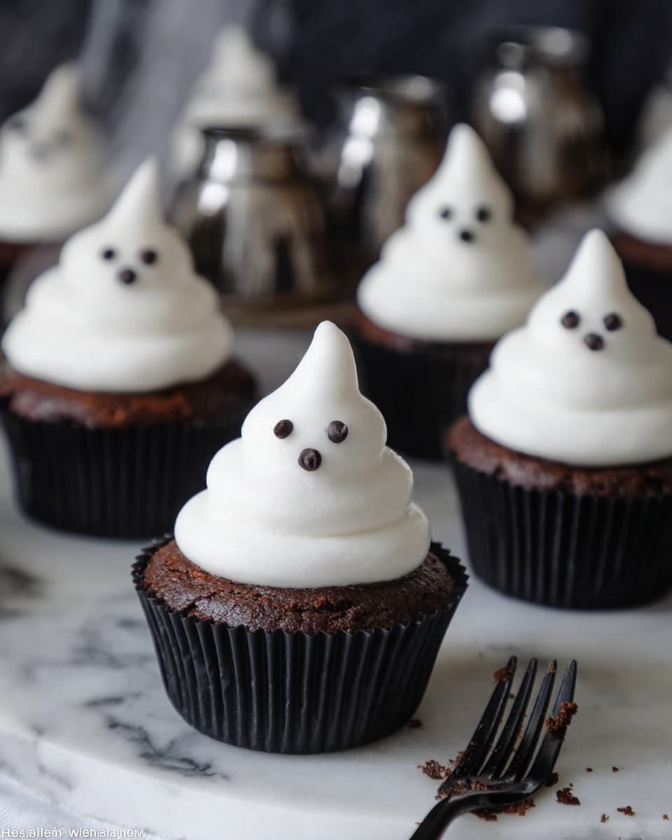 A chocolate cupcake sits in a black paper liner on a white marbled surface, topped with a thick, smooth swirl of white frosting shaped like a small ghost with a pointed tip at the top. On the frosting, three small dark chocolate dots create the eyes and mouth, giving a simple face. In the background, several similar cupcakes with the same ghost-like white frosting and chocolate dot faces are slightly out of focus. A black fork lies near the cupcake in the foreground, and a small metal cup is visible at the side. photo taken with an iphone --ar 4:5 --v 7