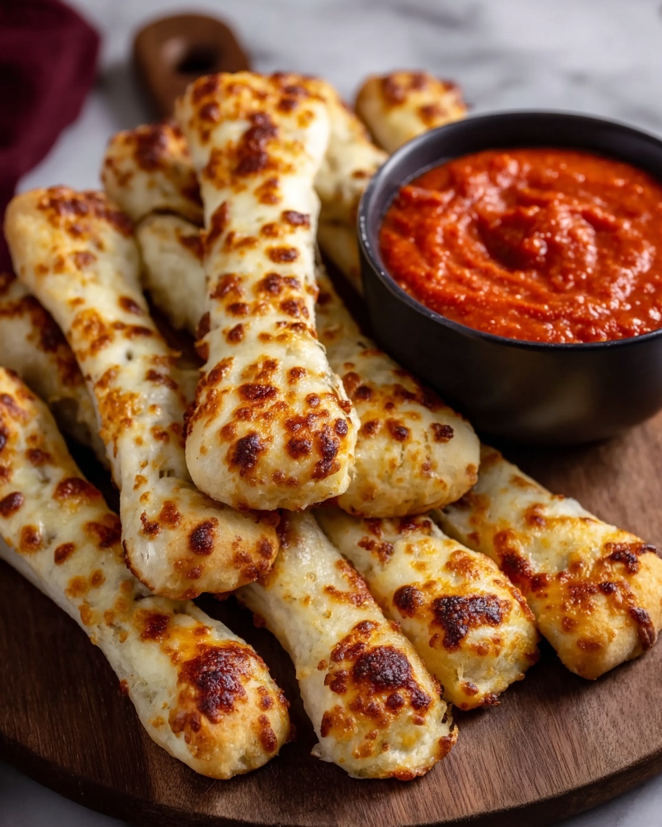 A wooden board holds a pile of eight cheesy breadsticks shaped like bones, each showing a lightly browned and bubbly cheese topping with golden brown spots throughout. On the right side of the board, there is a small black bowl filled with bright red marinara sauce that has a thick, slightly chunky texture. The background features a white marbled surface that adds a clean, elegant look. photo taken with an iphone --ar 4:5 --v 7