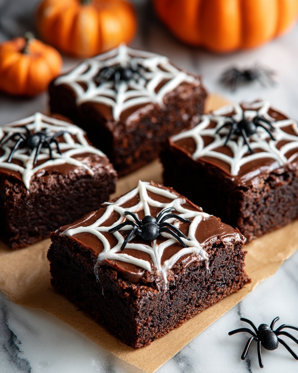 Four square chocolate brownies with a dark, moist texture sit on brown parchment paper. Each brownie has a layer of smooth, shiny chocolate frosting on top, decorated with a white icing spider web pattern. In the center of the web on each brownie is a small black plastic spider. The background is a white marbled surface with small orange pumpkins and fake black spiders scattered around. Photo taken with an iphone --ar 4:5 --v 7