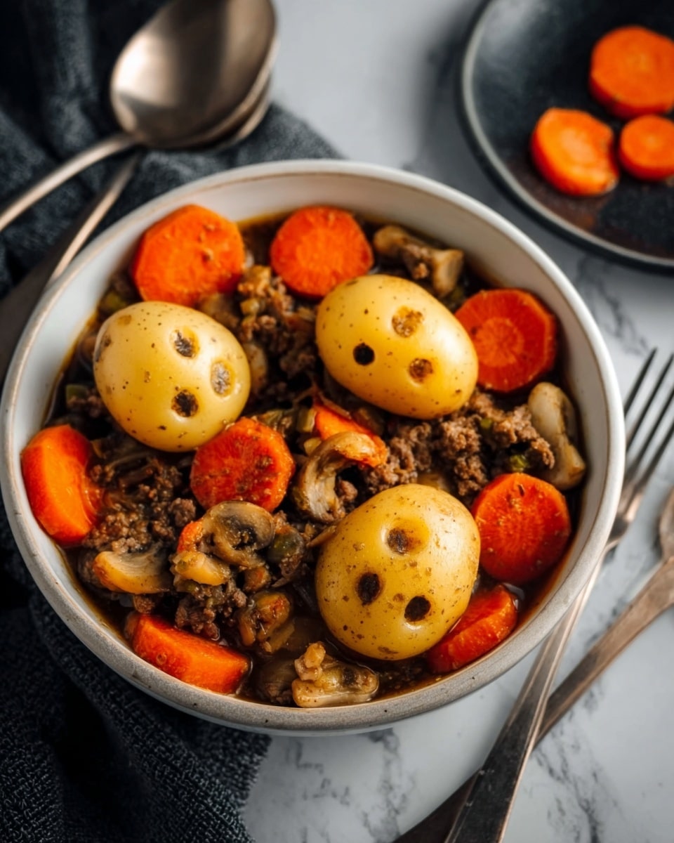 A green pot filled with a dark brown stew containing small yellow potatoes with small black eyes and carved lines, orange carrot slices cut in flower shapes, chunks of brown meat, and two green bay leaves sitting on top. The pot has a white interior and is placed on a dark surface decorated with small decorative white and orange pumpkin shapes, white garlic bulbs, small white ghost cutouts, and white and orange felt ball garlands. The scene has a cozy fall or Halloween feel. Photo taken with an iphone --ar 4:5 --v 7